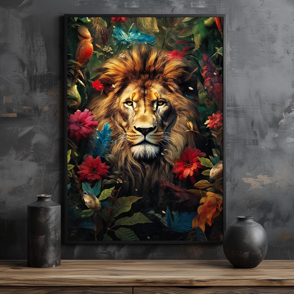 Majestic Lion Portrait Surrounded by Tropical Flowers Poster - Image 2