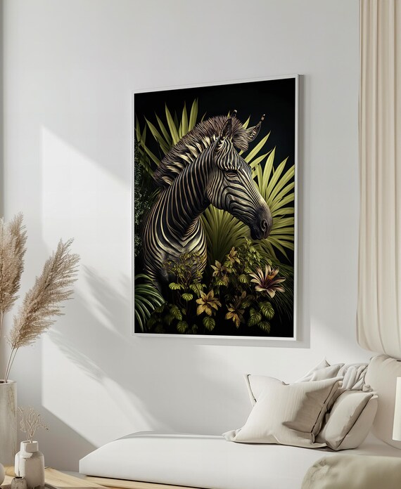 Elegant Zebra In Lush Jungle Dark Botanical Animal Portrait Art Poster