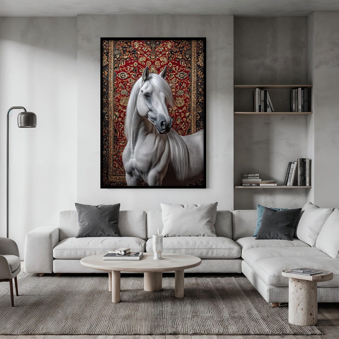 White Horse Portrait Standing Proudly Before a Red Persian Rug Poster - Image 2