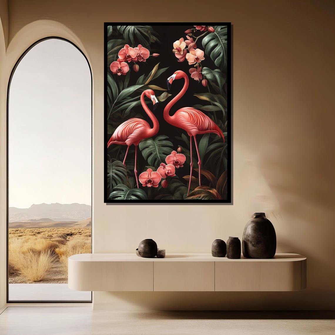Pink Flamingos And Orchids Lush Tropical Botanical Jungle Poster - Image 3