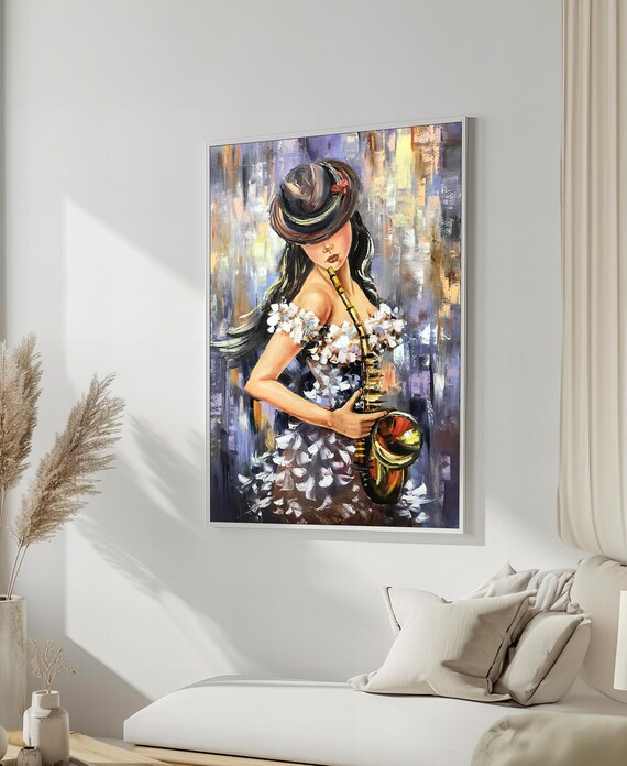 Elegant Female Saxophonist in Hat Music Painting Poster For Music Lovers