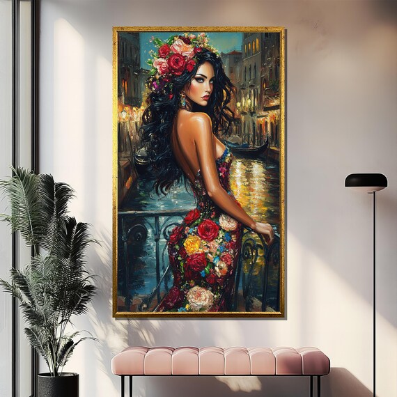 Venetian Beauty Painting Romantic Woman In Floral Dress Elegant Wall Art Glamorous Home Decor Luxury Gift