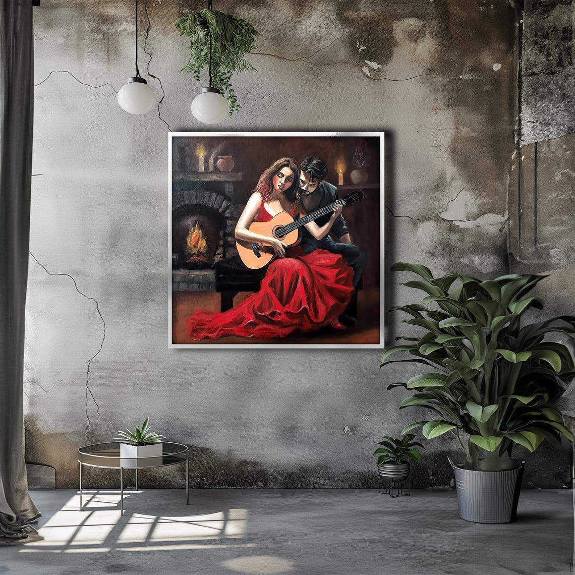 Romantic Couple Guitar by Fireplace Red Dress Night Art Poster - Image 3
