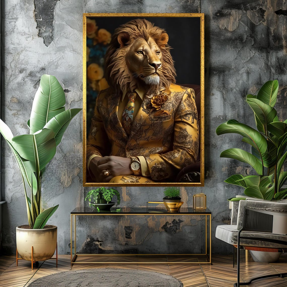 Regal Lion in a Gold Brocade Suit With Watch Portrait Poster - Image 4