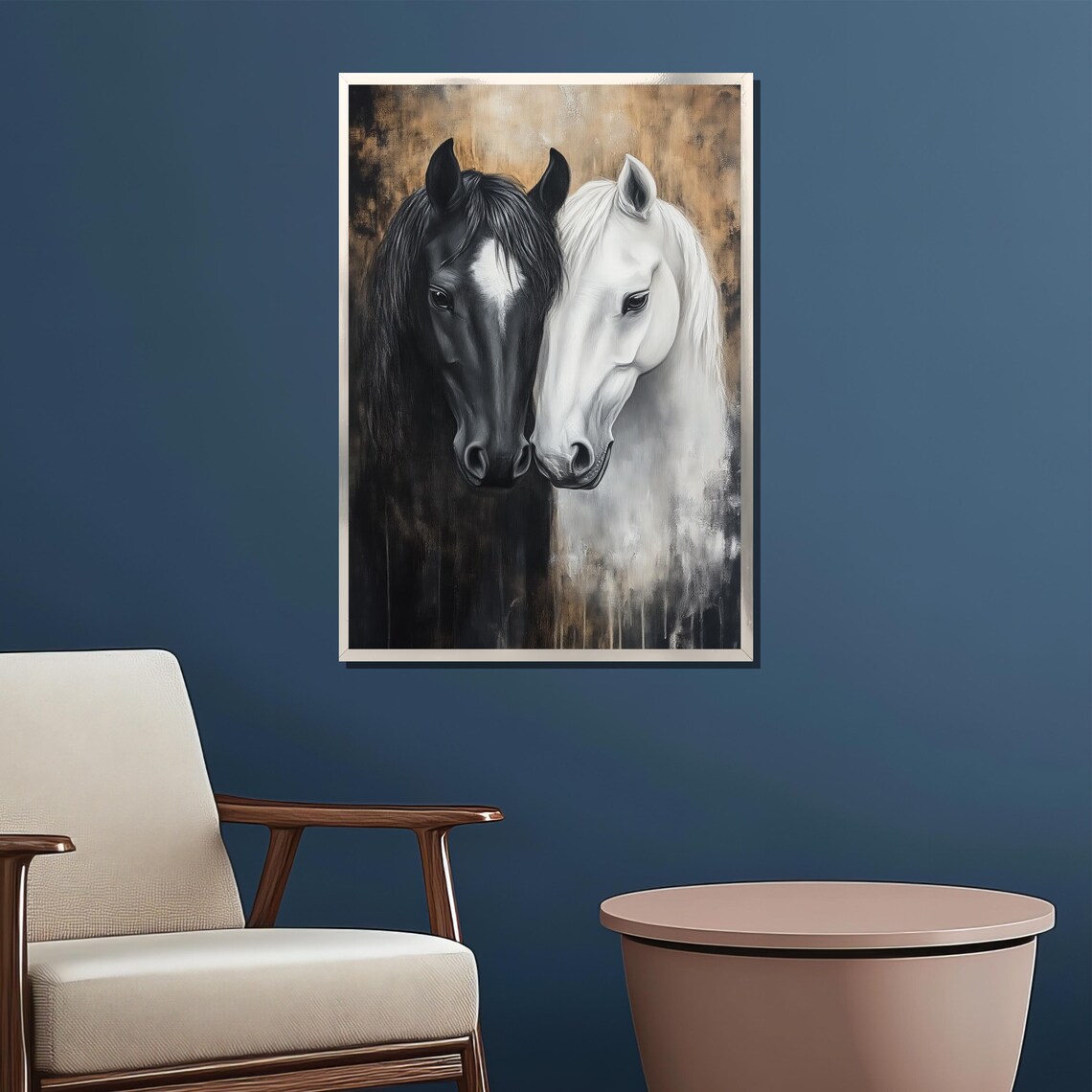 Black And White Horse Pair Elegant Equestrian Animal Painting Poster - Image 2