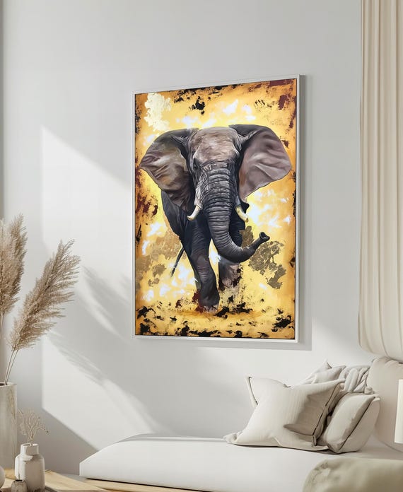 Majestic Elephant On Golden Art Bold African Wildlife Striking Wall Decor Ready To Hang