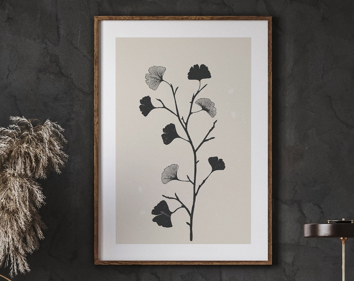 Minimalist Ginkgo Leaf Branch Line Art Neutral Botanical Poster