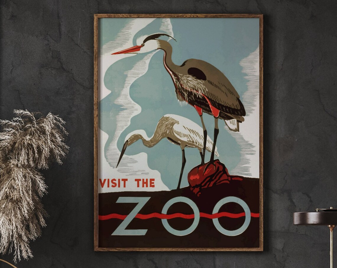 Visit the Zoo Herons Vintage Retro Wildlife Poster Illustration Art