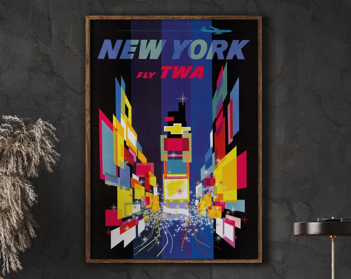 Fly TWA New York Times Square Nights Vintage Airline Travel Poster