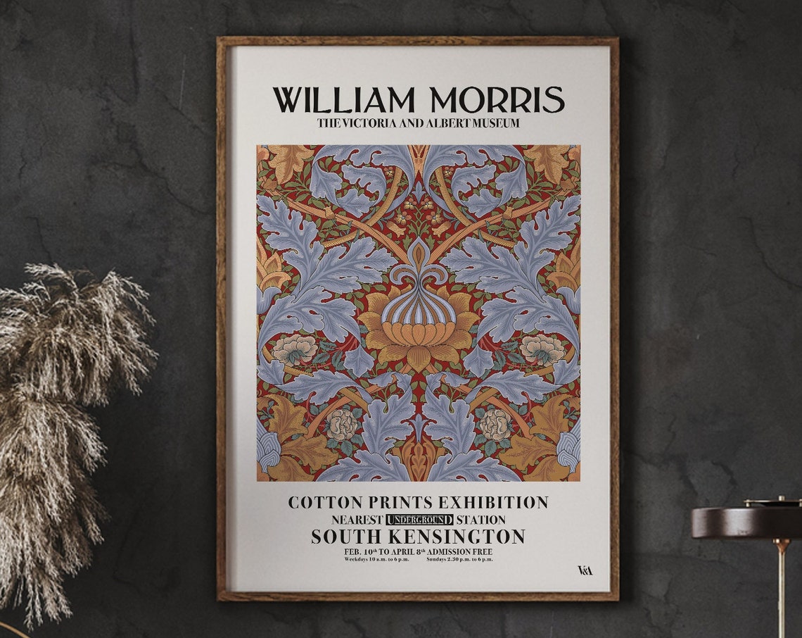 William Morris Acanthus Pattern Red Gold Cotton Prints Exhibition Poster