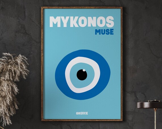 Mykonos Evil Eye Greece Modern Minimalist Blue Travel Poster
