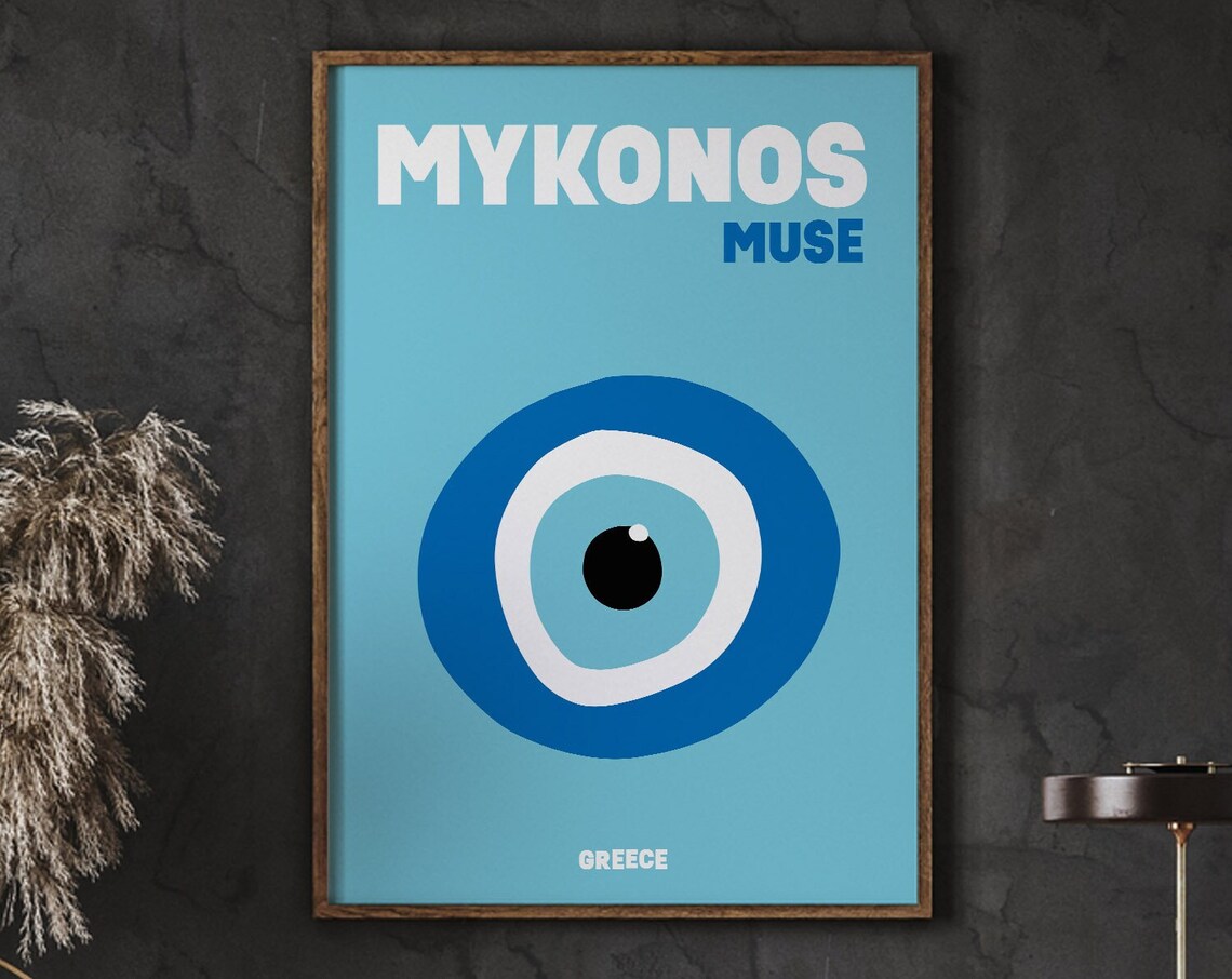 Mykonos Evil Eye Greece Modern Minimalist Blue Travel Poster