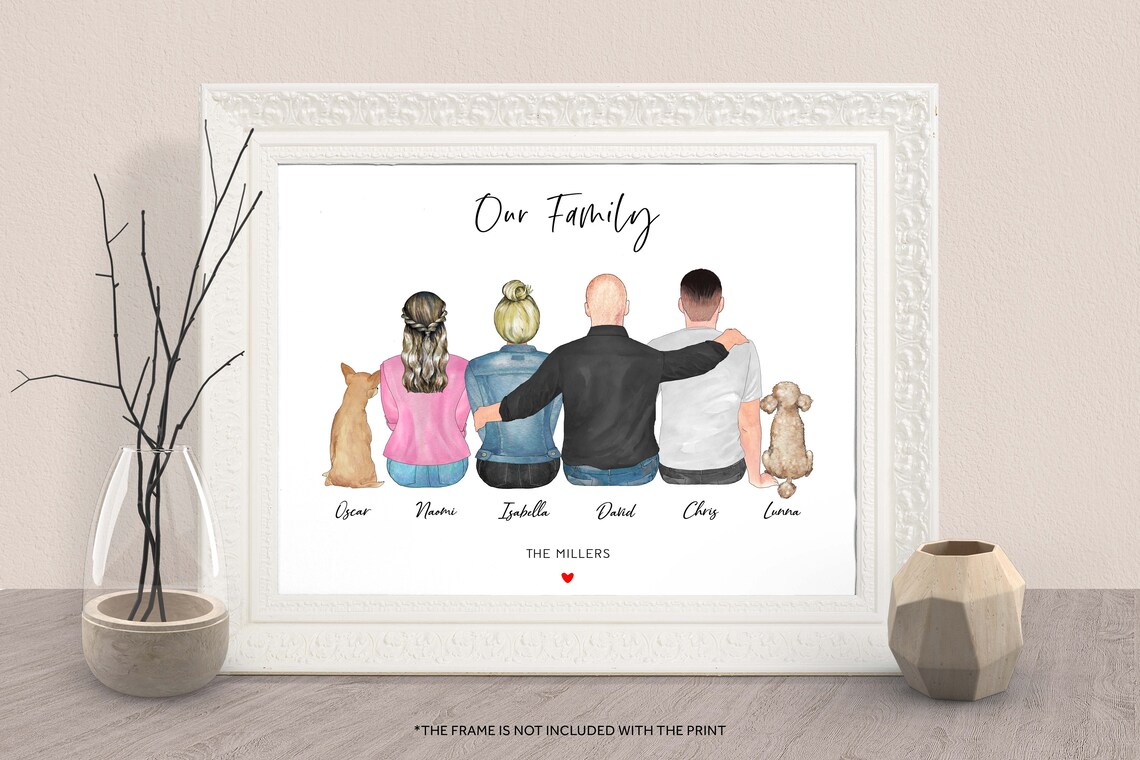 Our Family Four Members With Two Dogs Custom Watercolor Portrait Print