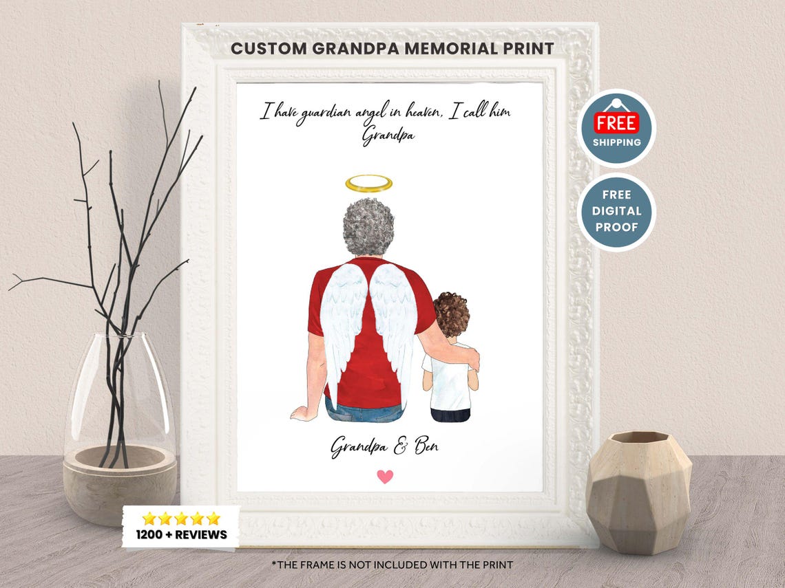 Personalized Guardian Angel Grandpa Memorial Keepsake Art Print