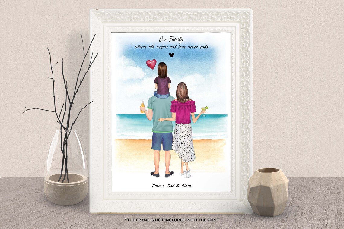 Our Family Beach Watercolor Mom Dad and Girl Custom Portrait Print