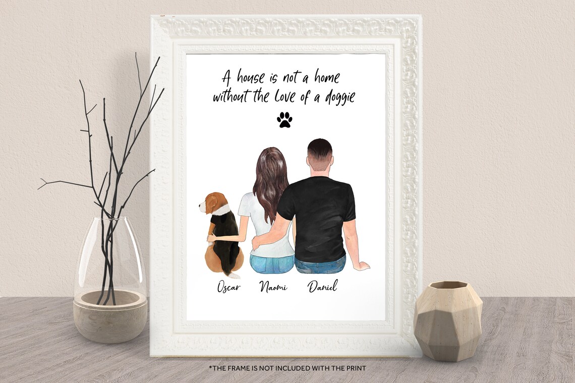 Personalized Couple and Dog Portrait Gift Dog Lover Art Print