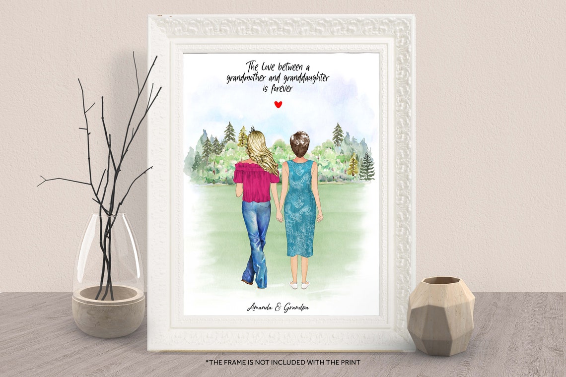 Personalized Grandmother And Granddaughter Print Christmas Gift For Grandma Mother Daughter Portrait Grandparents With Grandkid Illustration