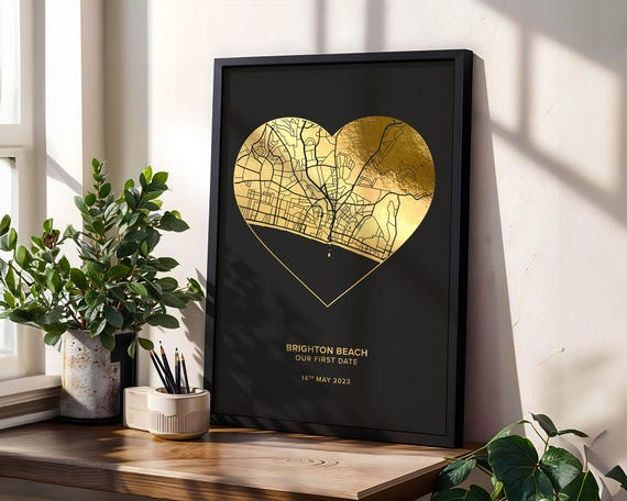 Foil Heart Map Print, Personalised Anniversary Art