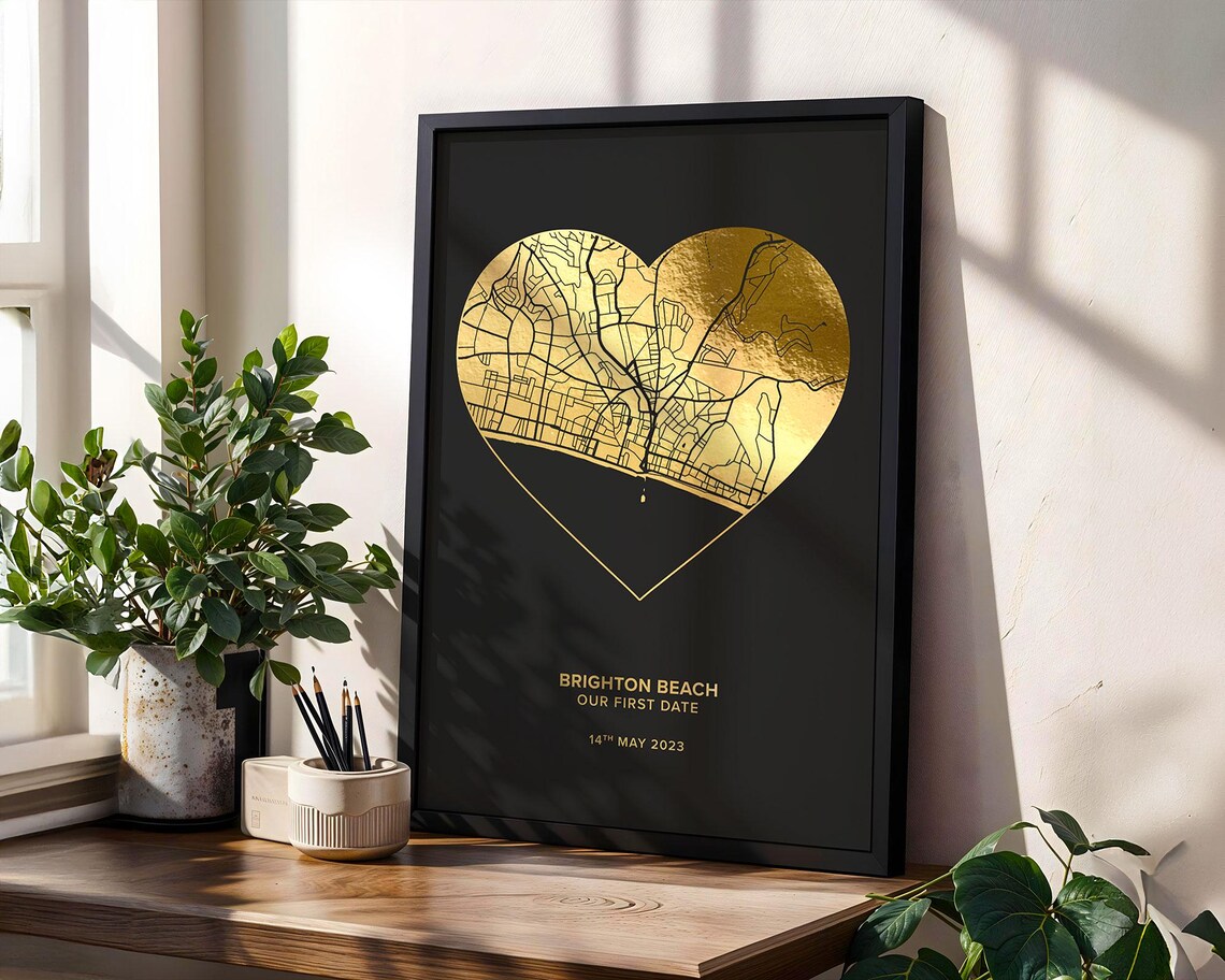 Foil Heart Map Print, Personalised Anniversary Art
