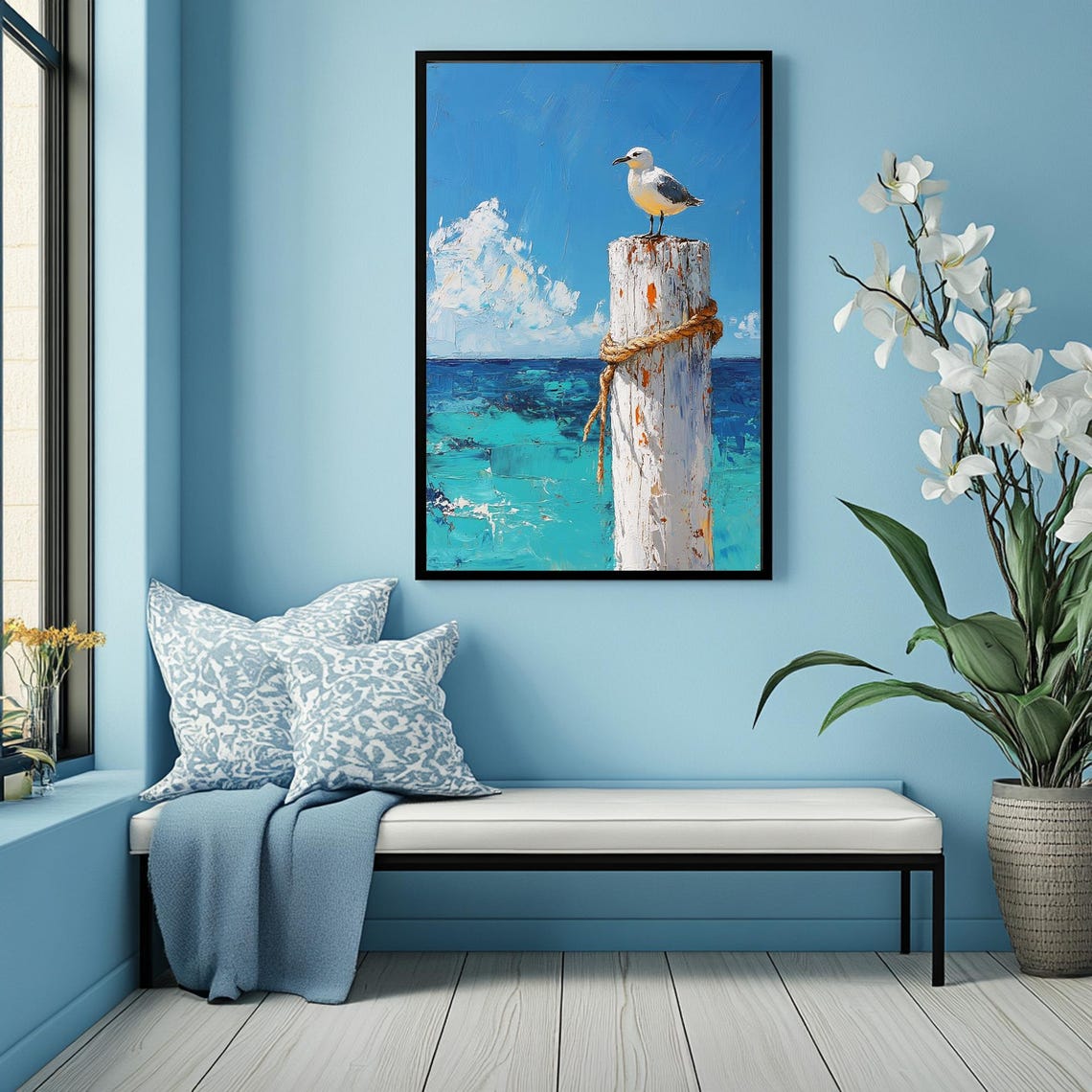 Seagull On A Pole Art Print Bright Blue Sky Wall Art Nautical Home Decor Coastal Scenario Poster Large Blue Wall Art Minimalist Art - Image 4