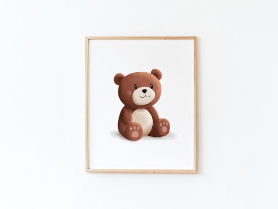 Cuddly Plush Brown Teddy Bear Sitting Soft Watercolor Nursery Poster