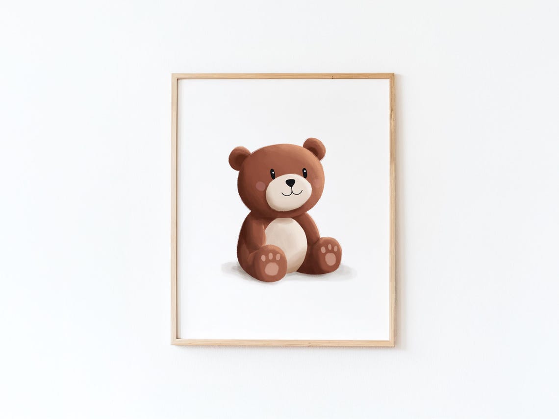 Cuddly Plush Brown Teddy Bear Sitting Soft Watercolor Nursery Poster