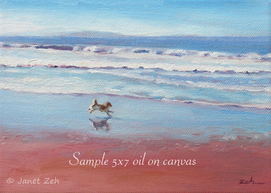 Dog Running On Beach Waves Oil Painting Coastal Pet Art Poster