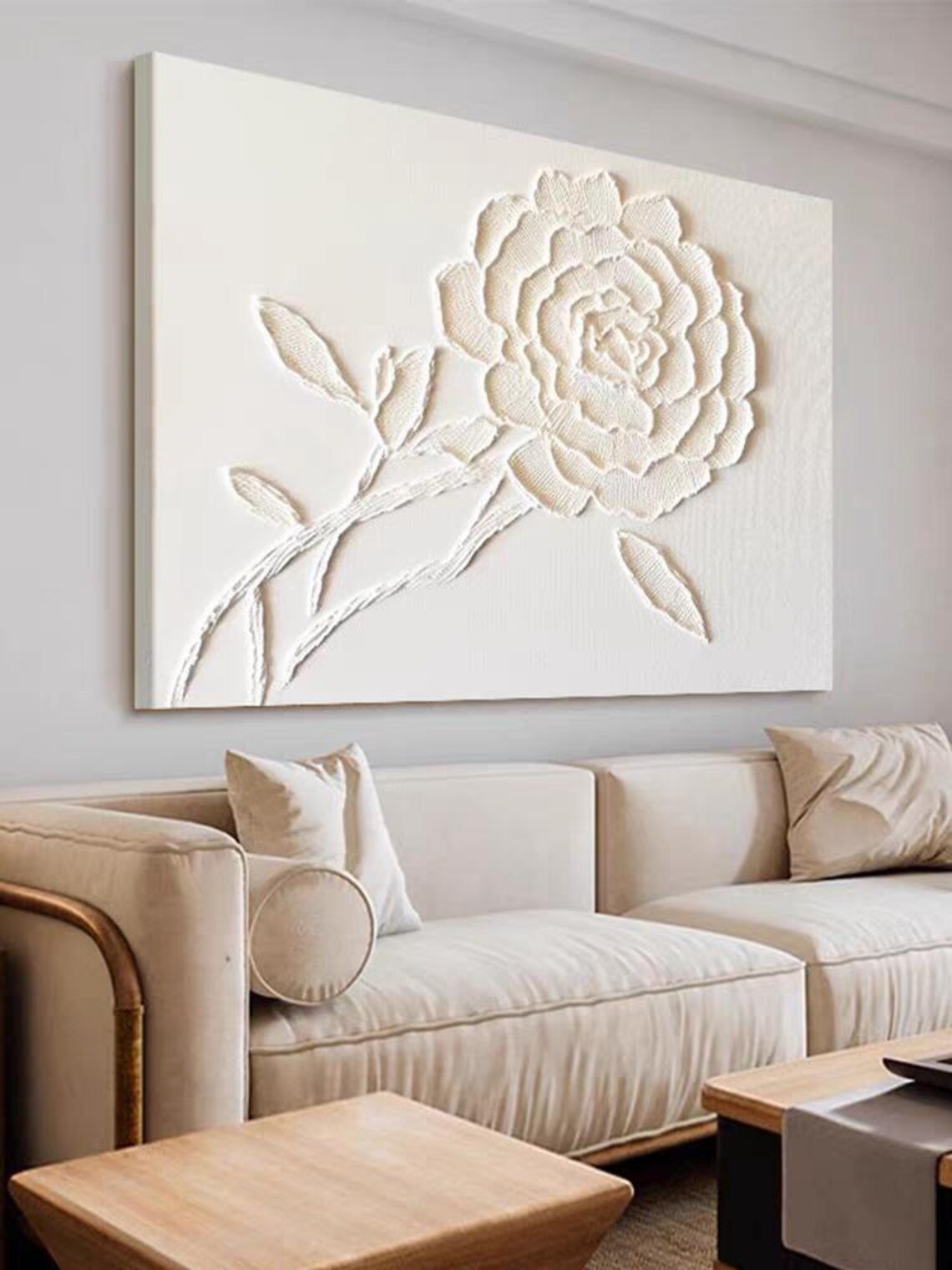 White Rose 3D Impasto Painting Minimalist Floral Relief Art Poster - Image 2