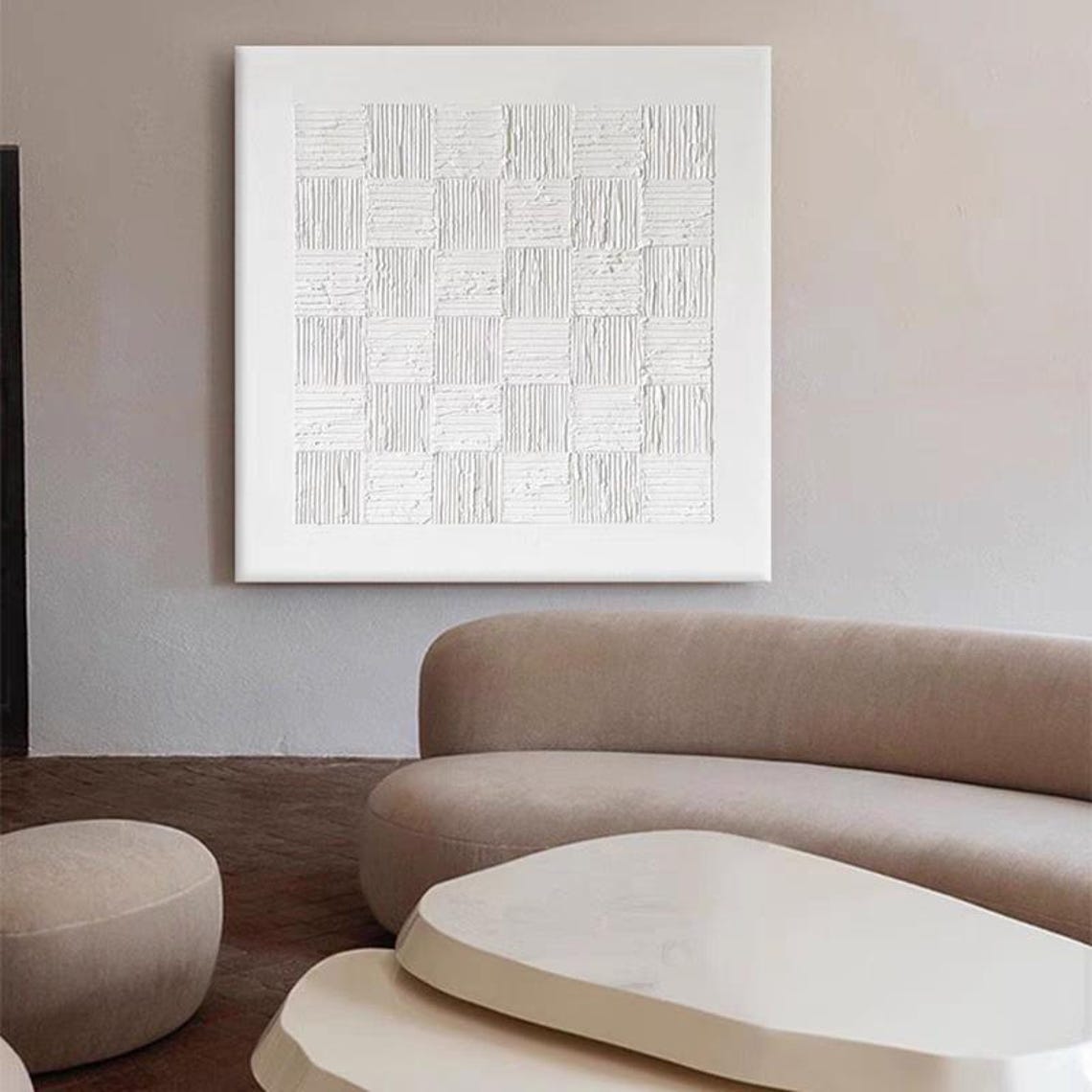 All White Checkerboard 3D Thick Texture Minimalist Modern Art Poster - Image 2