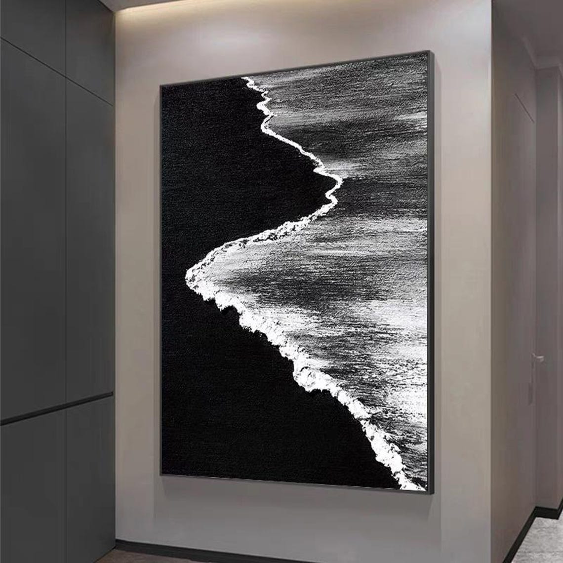 Black White Night Ocean Waves Textured Abstract Seascape Art Poster - Image 2