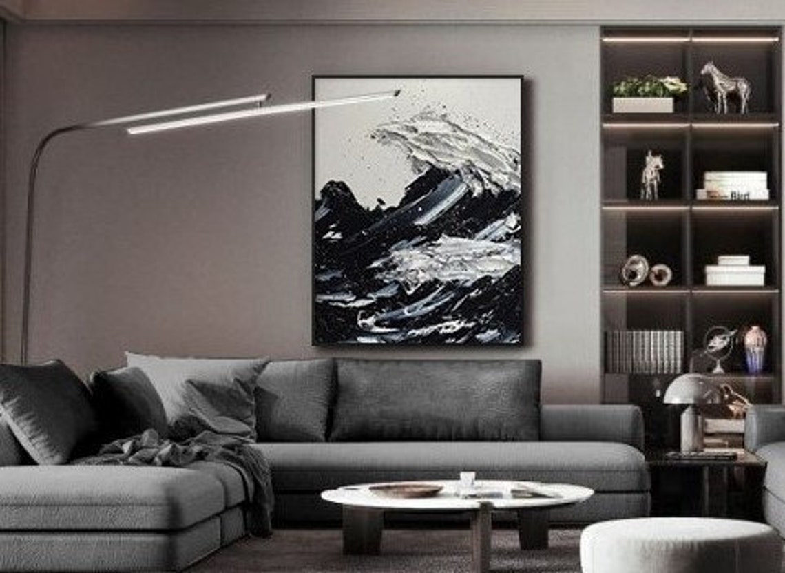 Black and White Dramatic Wave Thick Texture Vertical Abstract Wall Art - Image 2