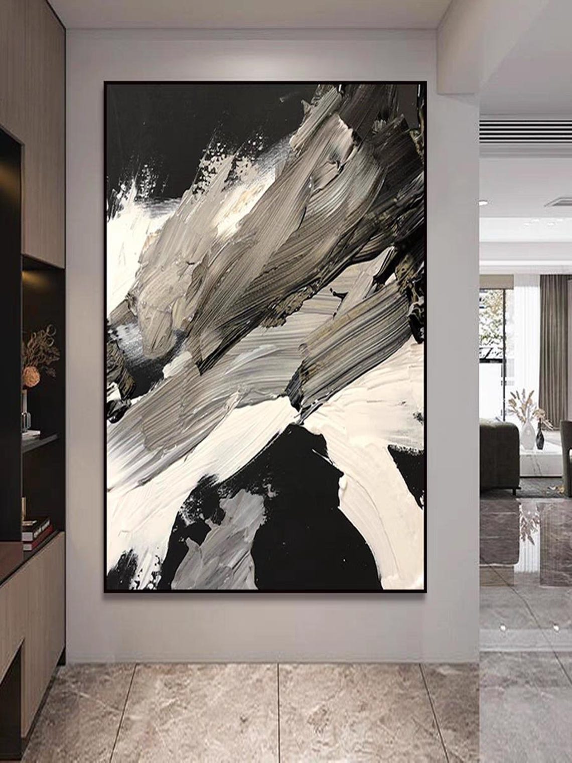 Bold Black White Gray Diagonal Brushstroke Abstract Art Poster - Image 3