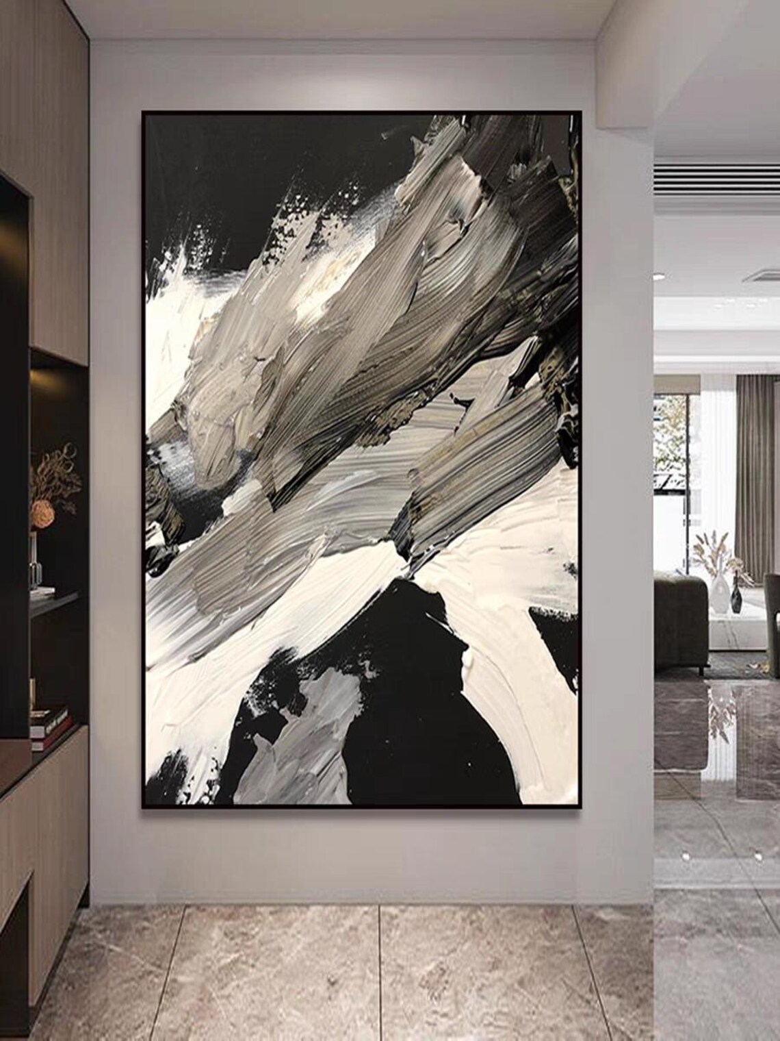 Extra Large Wall Decor Abstract Black White 3d Textured Painting Original Brush Stroke Hand Painted Artwork Large Vertical Acrylic Art - Image 3
