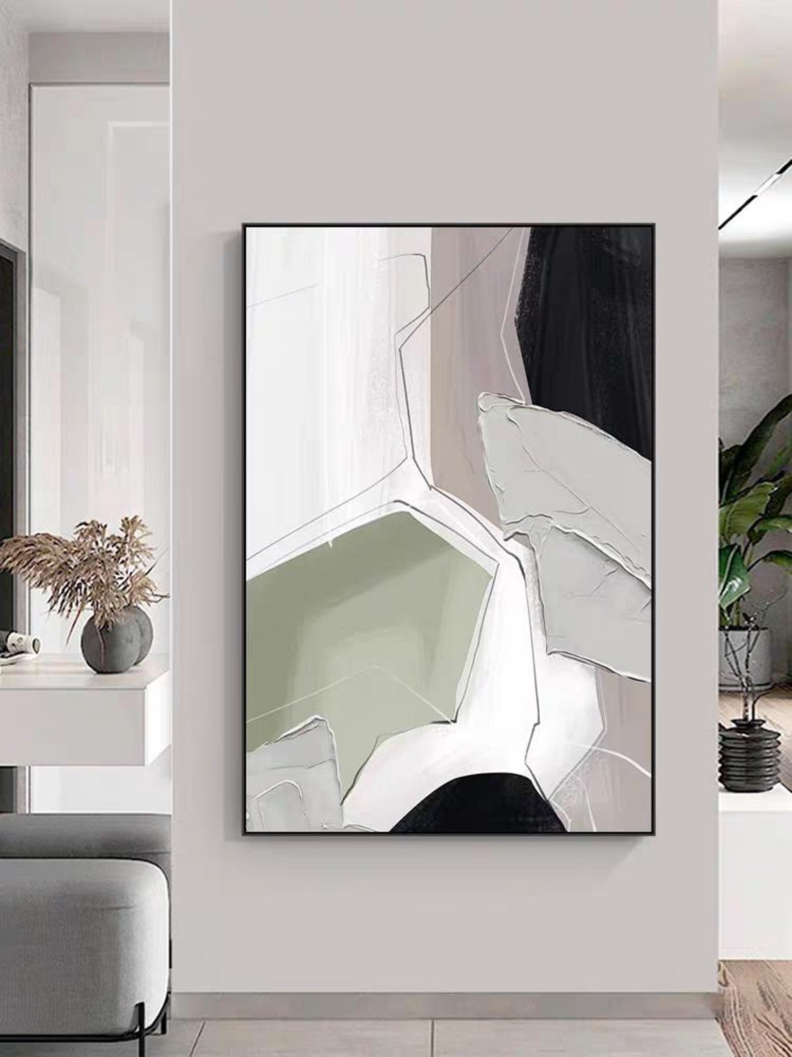 Abstract Beige Sage Green Black Color Block With Line Art Poster - Image 3
