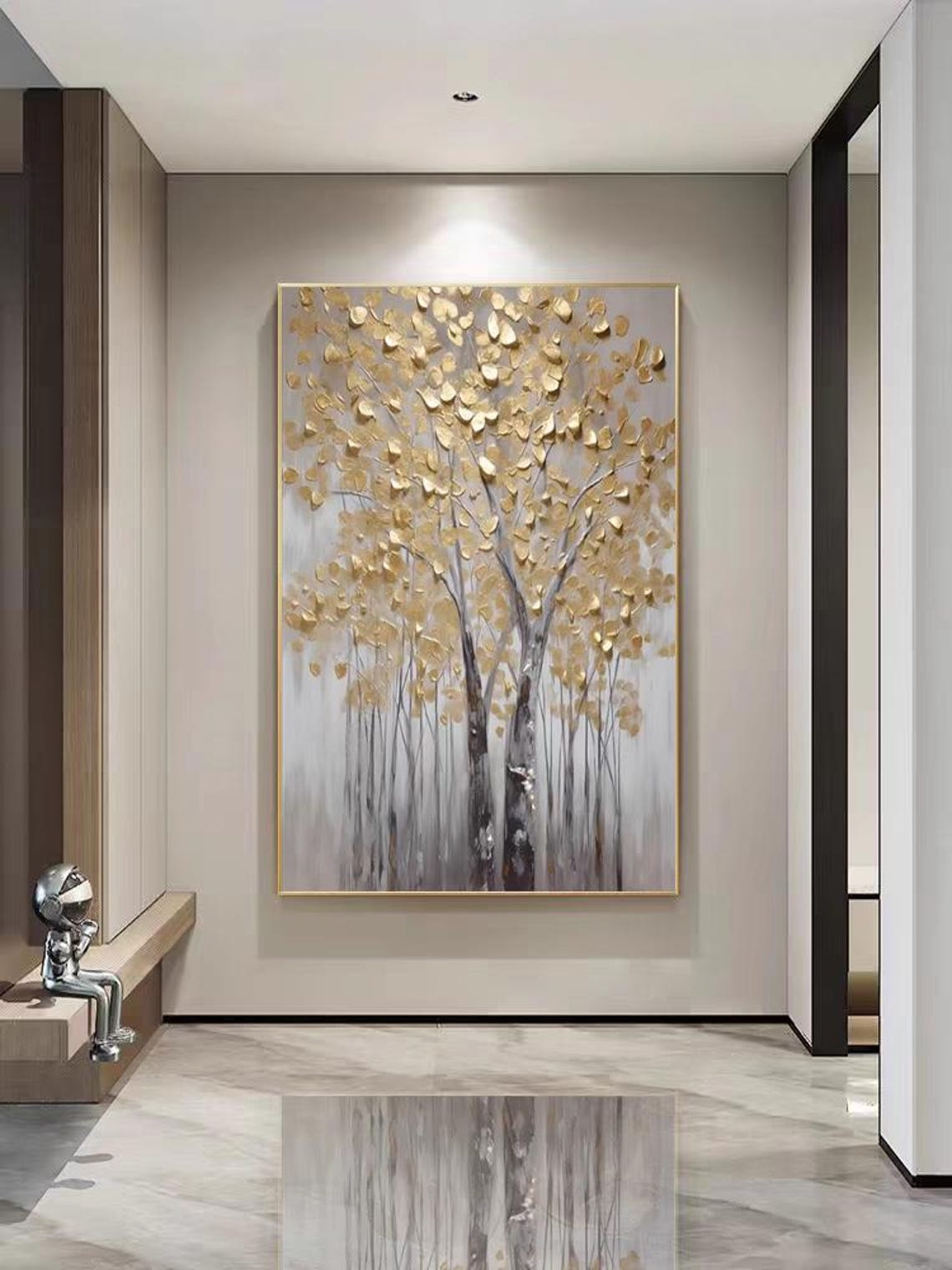 Tall Golden Autumn Tree with Dense Impasto Leaves Canvas Poster - Image 3