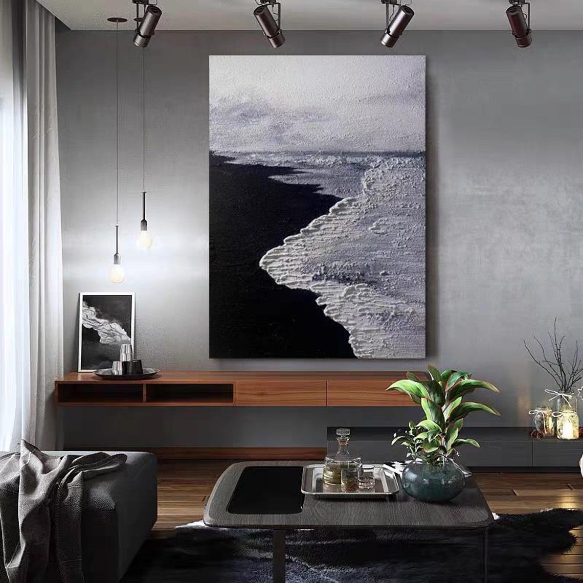 Midnight Black Beach White Breaking Surf Textured Seascape Poster - Image 3