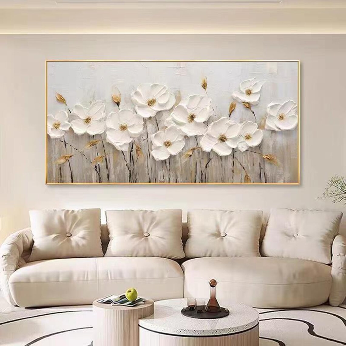 White Flowers With Gold Accents Textured Floral Modern Painting Poster - Image 2