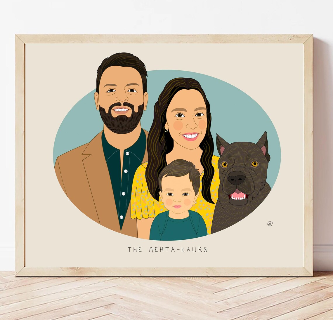 Family of Three With Dog Custom Illustrated Family Portrait Poster - Image 2