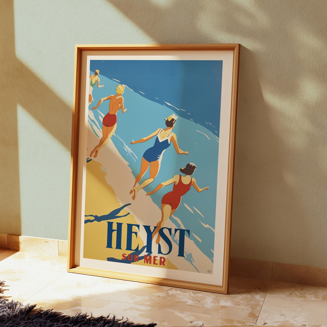 Heyst Sur Mer Vintage Beach Poster Retro Swimmers Running Seaside Scene - Image 4