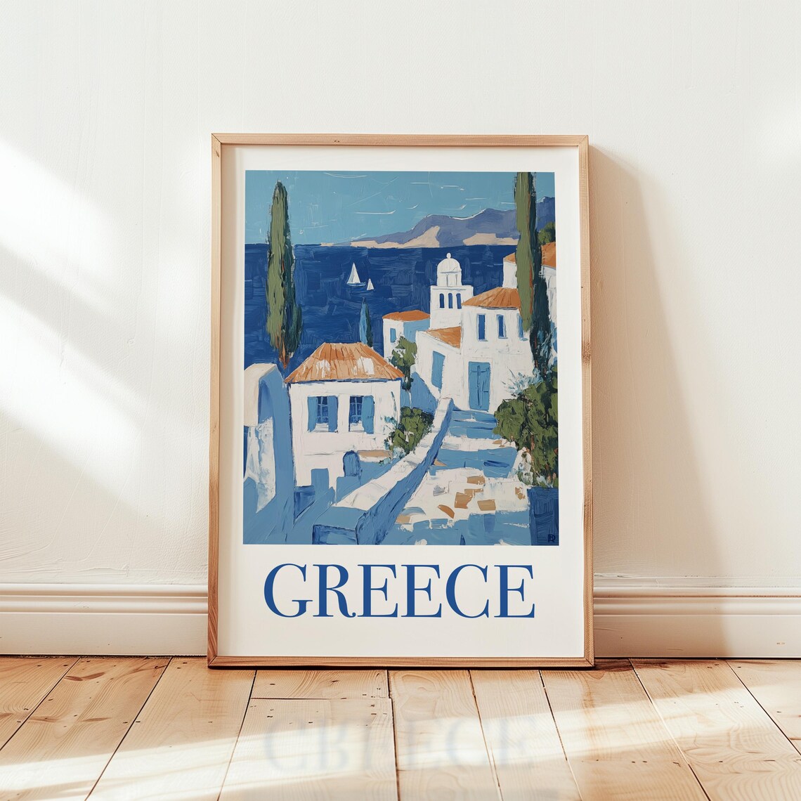 Greece Whitewashed Seaside Village Sailboat Matisse Style Poster Art
