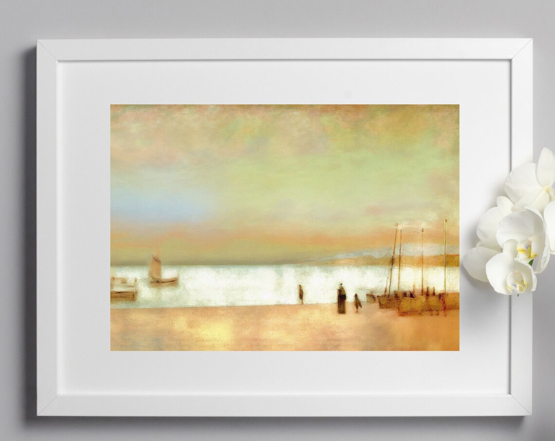 Golden Sunset Beach Sailboats Impressionist Seascape Painting Poster - Image 4