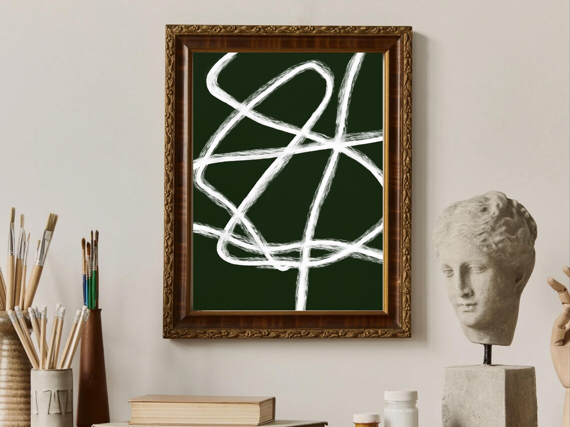 Abstract White Line Scribble Art Print Modern Dark Green Minimal