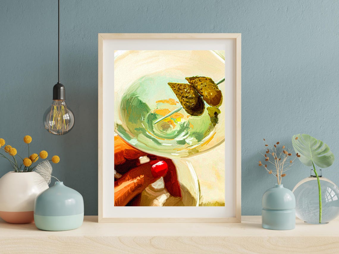 Pickle Martini Cocktail Illustration Print Retro Bar Wall Decor