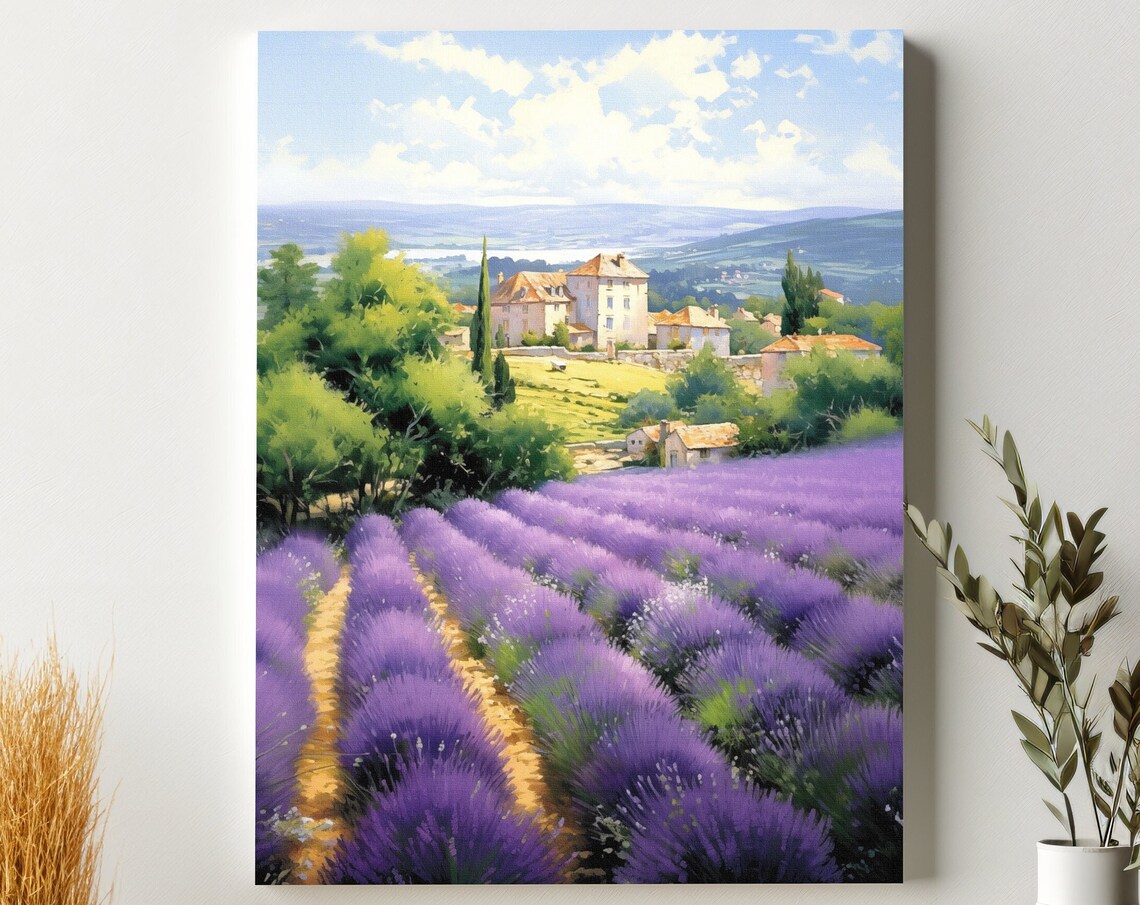 Lavender Field Rows Stone Village Provence Countryside Art Poster
