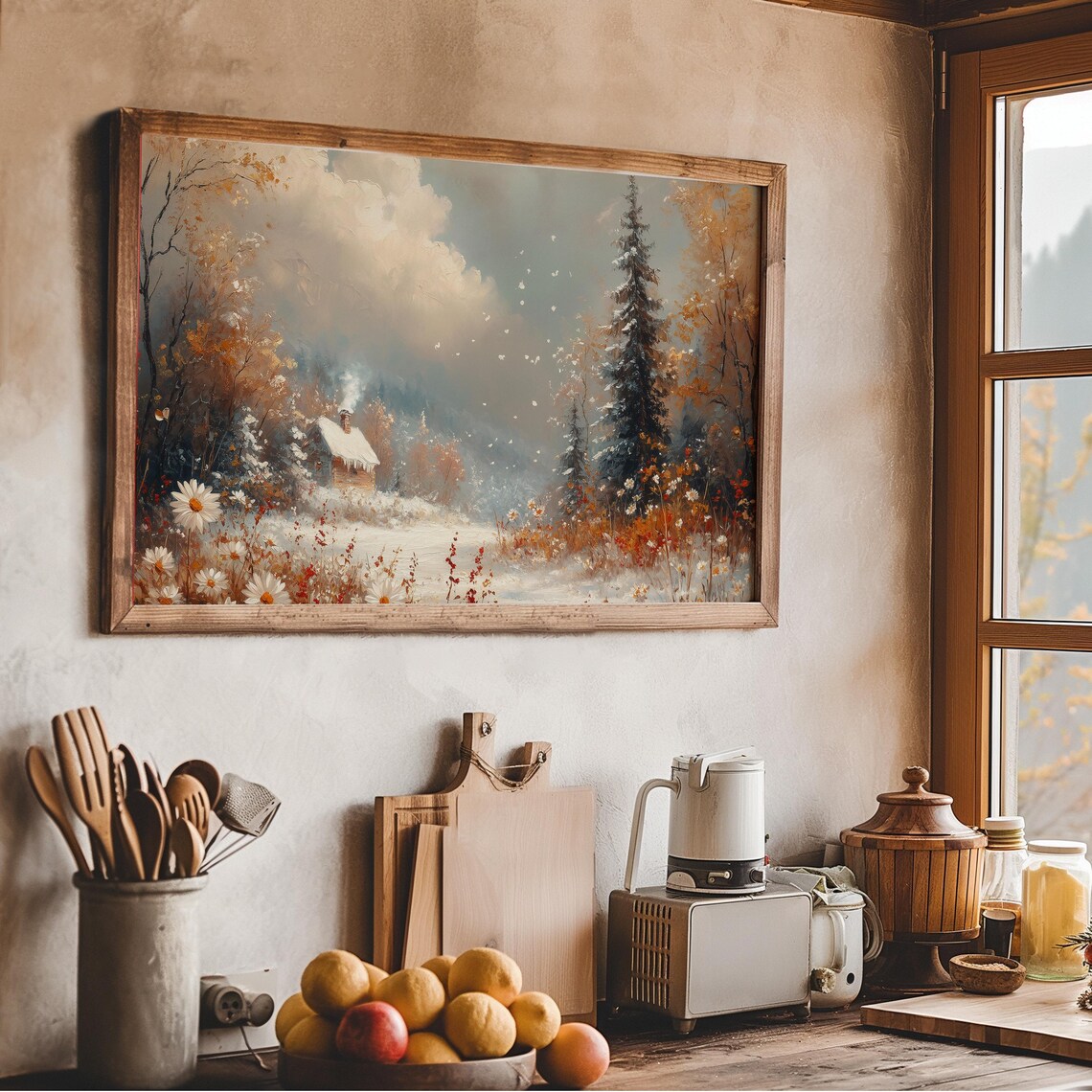 Snowy Cabin In Wildflower Meadow Winter Landscape Painting Wall Art - Image 2