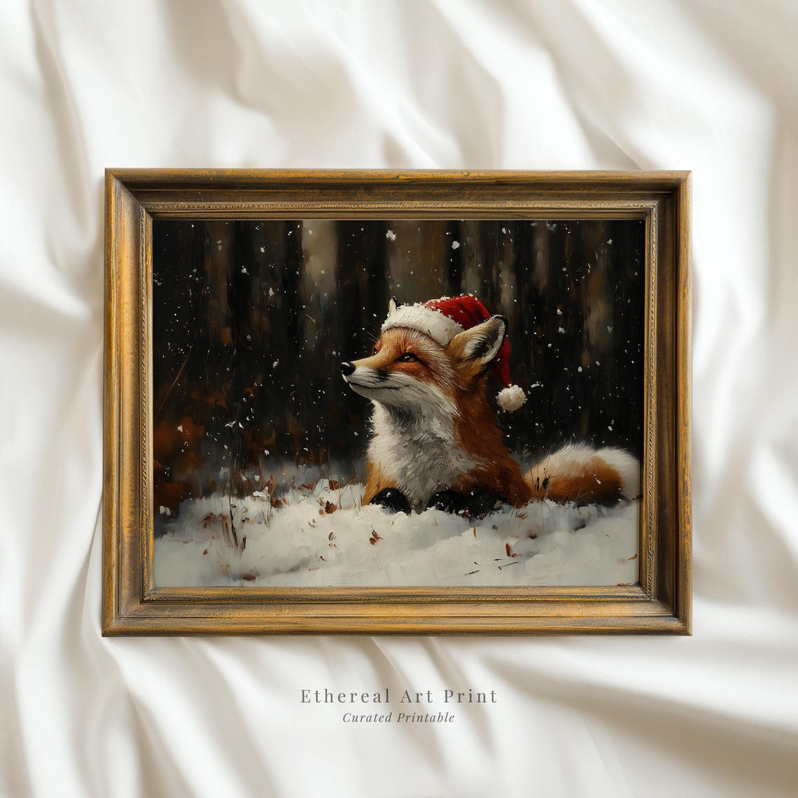 Sleepy Fox Santa Hat Snowy Night Forest Winter Christmas Print