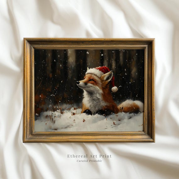 Cute Fox In Santa Hat Painting Xmas Print Vintage Fox In Snow Oil Painting Christmas Wall Decor Nursery Wall Art Prints