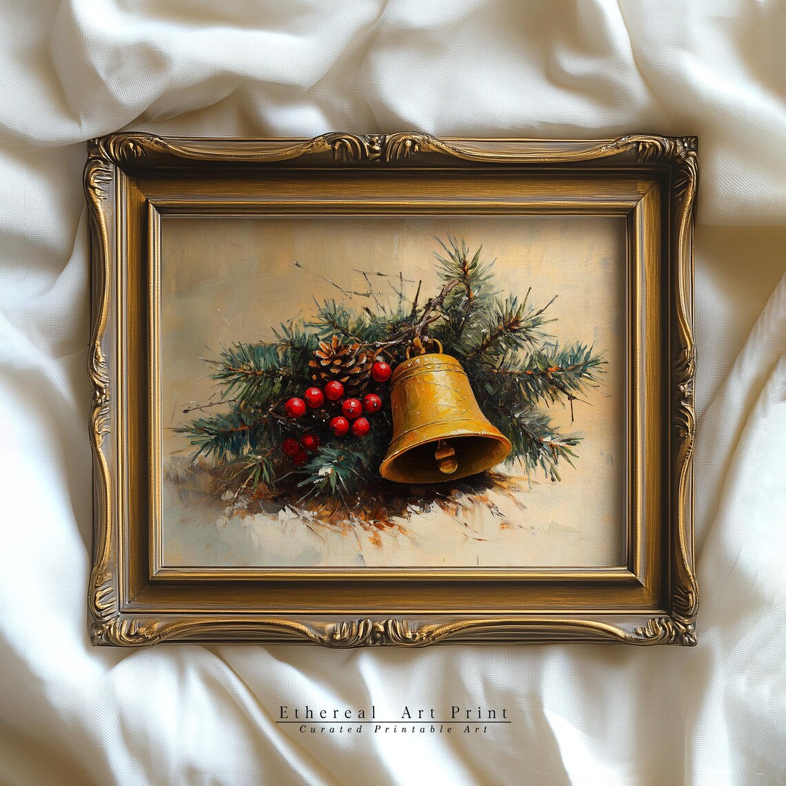 Antique Gold Christmas Bell On Evergreen Boughs Holiday Art Print - Image 2