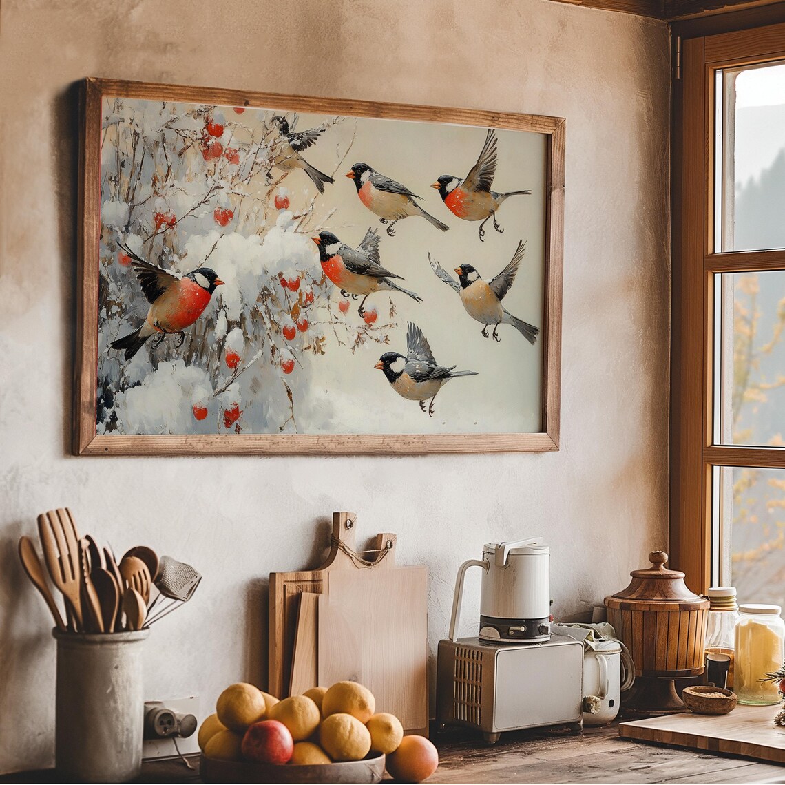 Winter Birds On Snowy Red Berry Bush Vintage Painting Wall Art - Image 2