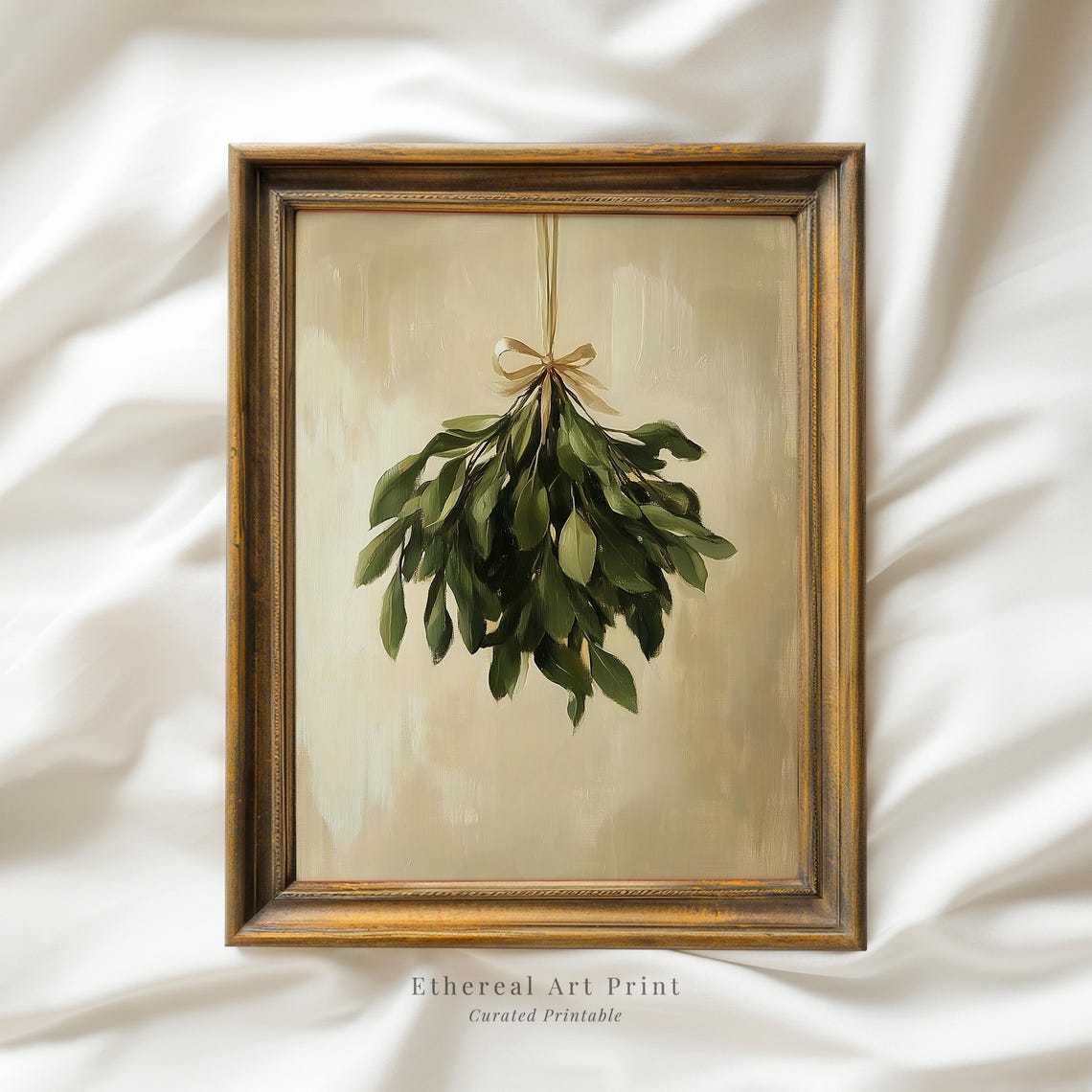 Hanging Mistletoe Oil Painting Vintage Christmas Greenery Art Print